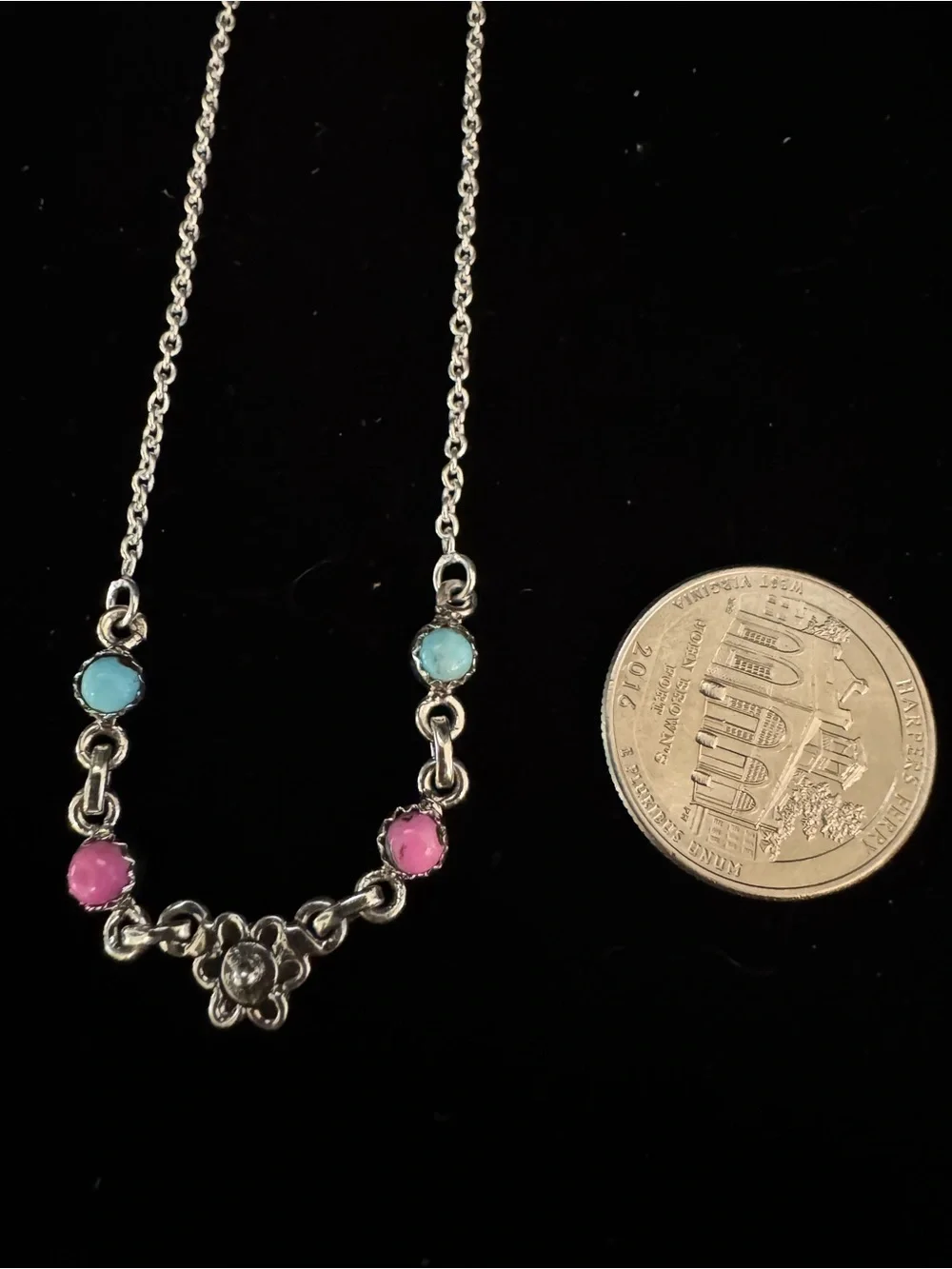 Floral sterling silver Chain Necklace with cotton candy Pink and Turquoise Stone
